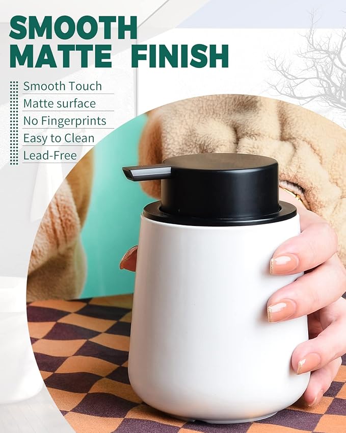 Bosilunlife Foam Soap Dispenser - 12Oz Matte White Ceramic Foaming Hand Soap Dispenser for Bathroom Refillable Liquid Kitchen Dish Hand Wash Dispenser Modern