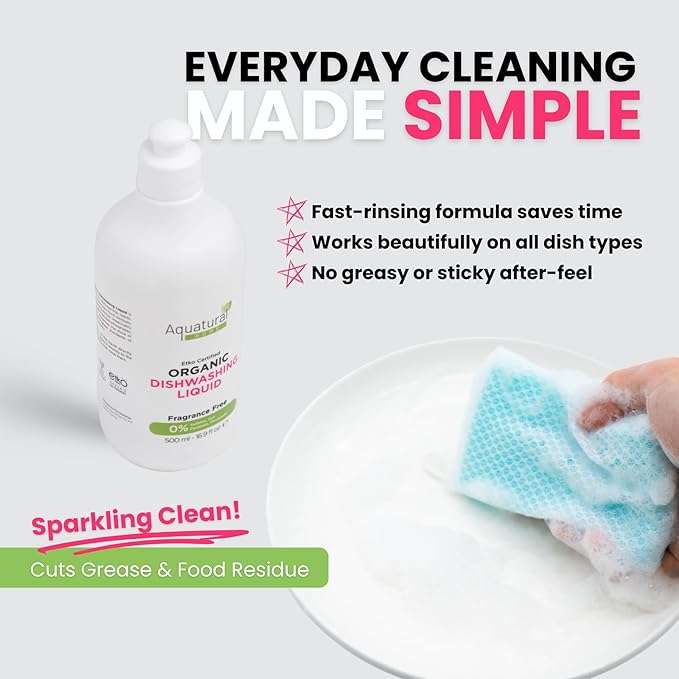 Organic Dishwashing Liquid - Natural Dish Washing Liquids Cleaner - Kitchen Unscented Dish Soap Liquid - Gentle Dishwash for Sensitive Skin - Plant-Based & Fragrance Free (16.9 fl oz)