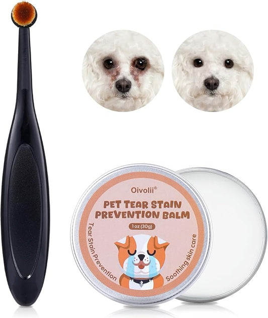 Tear Stain Remover Balm for Dogs & Cats with Pro Powder Brush – Natural Safe Gently Removes Eye Gunk & Stains – Great for White Dogs, Daily Eye Cleaning – Works Better with Pet Eye Wipes,1 oz