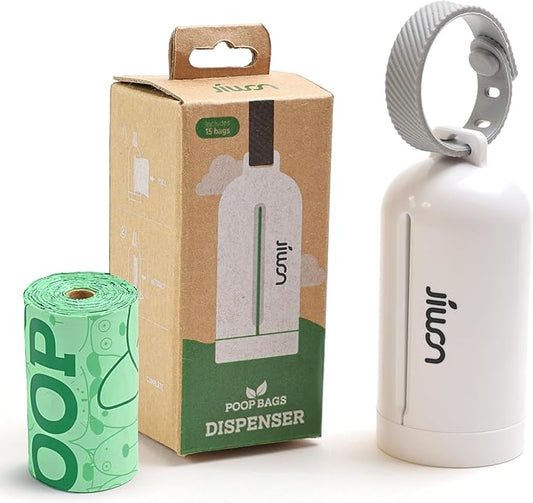 JIWON Dog Poop Bag Dispenser with 100% Compostable Refill Roll, Thick & Leakproof, Plant-Based, Fits Any Leash, 1 Dispenser and 15 Bags (1 Roll), Unscented