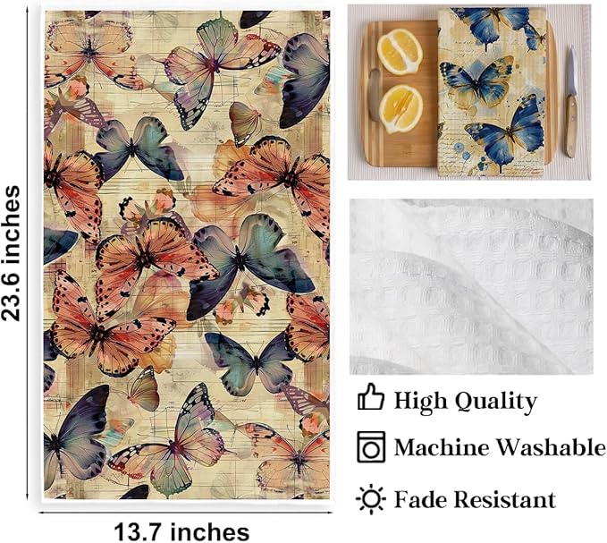 2 Pcs Vintage Butterfly Kitchen Towels, Rustic Decorative Absorbent Microfiber Dish Cloth Tea Towel, Artistic Waffle Soft Hand Towels for Farmhouse Home Bathroom, Butterfly Gifts
