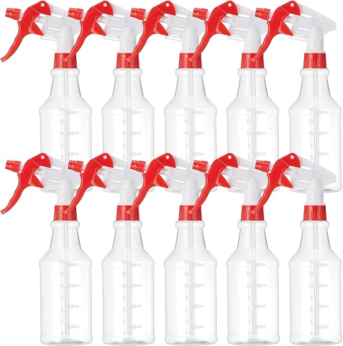10 Pack Spray Bottles 16 oz Empty Water Spray Bottles for Cleaning Heavy Duty Refillable Squirt ‌container with Measurements Adjustable Nozzle for Household(White and Red,Clear Style)