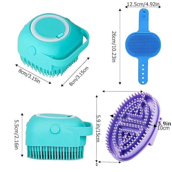 3PCS Dog Bath Brush, Dog Shampoo Brush Dog Scrubber for Bath, No Slipping Pet Shower Grooming Massaging Washing Brush with Adjustable Ring Handle for Short & Long Haired Dogs/Cats (Blue)