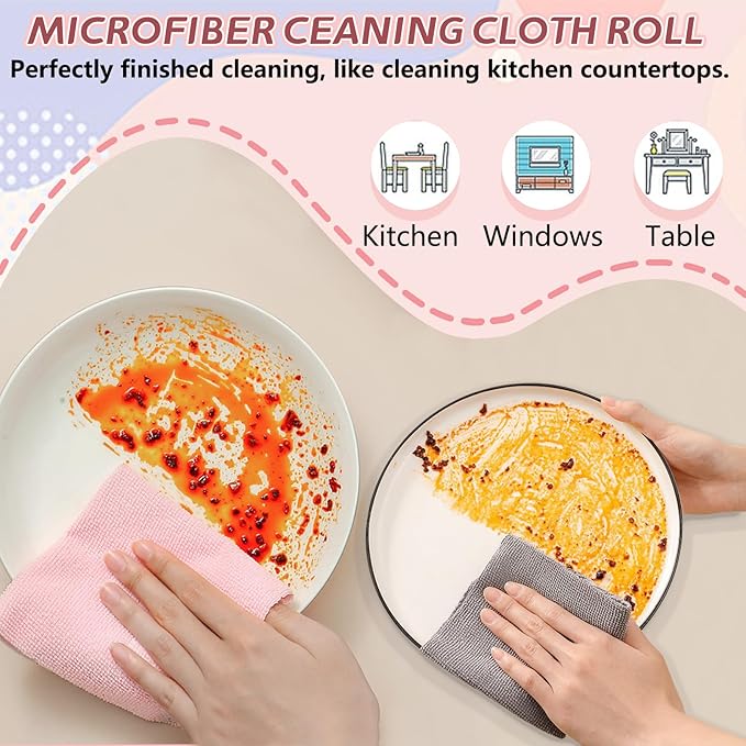 JINGYAN 50-Pack Microfiber Cleaning Cloth Roll, Pink Reusable Washable Tear Away Towels for Home, Car, Kitchen, Glass, Pets & Garage - 25x25cm