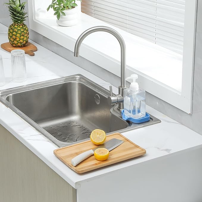 Silicone Bathroom Soap Dishes with Drain Spout-Bathroom and Kitchen Sink Organizer,Sponge Holder,Dish Soap Tray,Perfect for Dispenser,Scrubber,Bottle,Cup on Counter Lichen Blue 4.9"×3.2"