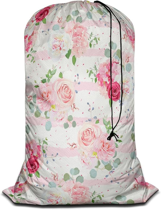 Swono Pink Rose Dining Toy Storage Heavy Duty Basket Laundry Bag with Drawstring Romantic White Peony Bouquets Folding Organizer for Travel Washing Machine, 28x40 Inch, Striped