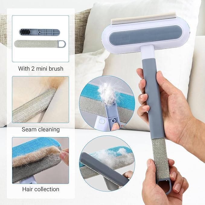 2 Pcs Pet Hair Remover, 4 in1 Long Handle Lint Brush for Dog and Cat Hair, Durable & Reusable, Double Sided, Gentle on Couches, Carpets, Clothes, Bedding