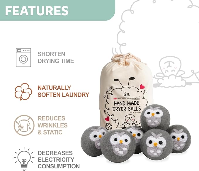 Calindiana 100% Organic Premium New Zealand Wool Dryer Balls Laundry Reusable Fabric Softener, Cute Dryer Sheets Alternative, Anti Static XL Size 6 Pack, Grey Owl