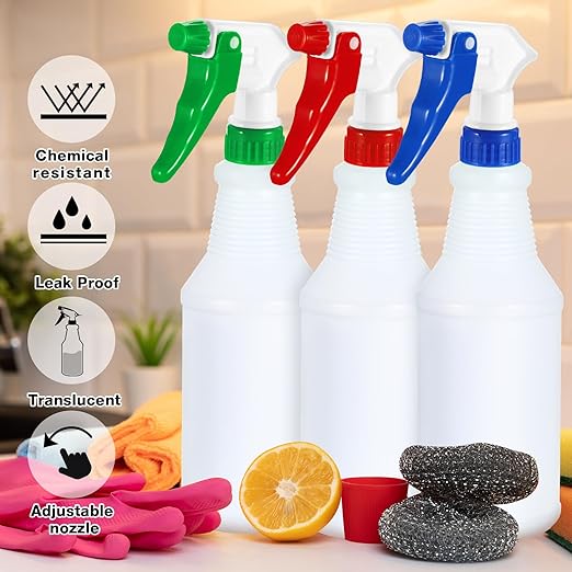 Yinder 18 Pcs 16 Oz Plastic Spray Bottle Bulk Empty Refillable Spray Bottles for Cleaning Solution Leak Proof Water Sprayer with Adjustable Nozzle Mist/Stream Mode(Red, Blue, Green)