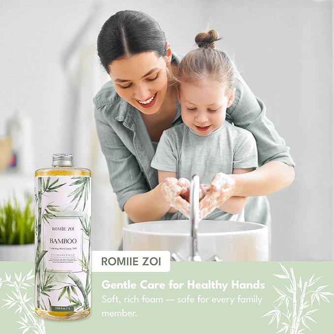 ROMIIE ZOI Foaming Hand Soap Refill Gift Set – 3 Pack (1000ML Each) with Dispenser – Bamboo Scent – Gentle & Moisturizing Plant-Based Formula – Bulk Refill Bottles for Bathroom & Kitchen Use