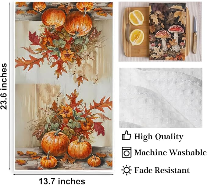3 Pcs Fall Themed Kitchen Towels, Rustic Pumpkin Decorative Absorbent Microfiber Dish Cloth Tea Towel, Maple Leaves Waffle Soft Hand Towels for Farmhouse Home Kitchen, Mushroom Gifts