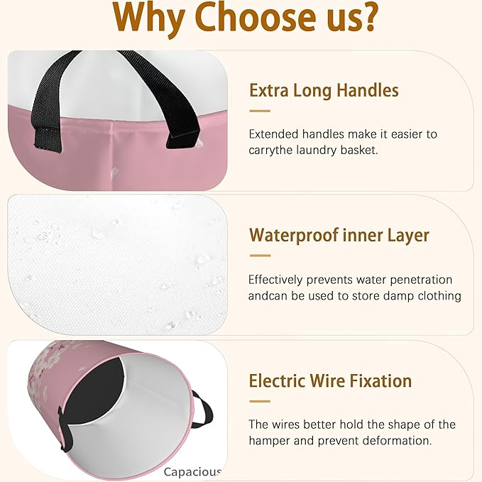 Japanese Cherry Blossom,Pink Flowers Laundry Basket,Waterproof Foldable Laundry Hamper,Dirty Clothes Laundry Basket, Linen Bin Storage Organizer for Toy Collection 16" x 20"