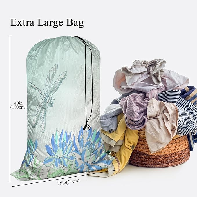 Swono Lotus Flower Laundry Bag with Strap Machine Washable Large Dirty Clothes Organizer Dragonfly Summer Floral Pond Blossom Botany Easy Fit Laundry Hamper or Basket, Carry Up to 4 Loads of Laundry
