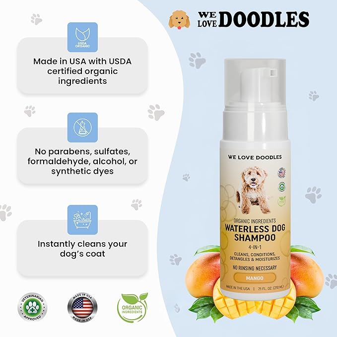 Waterless Dog Shampoo - Over 200+ Sprays Per Bottle - Cleans & Moisturizes Coat, No Rinse Dog Shampoo, Safe Foam Formula & Pet-Friendly Dog Deodorizing Spray, 7.1 oz Parent [We Love Doodles] (Mango)