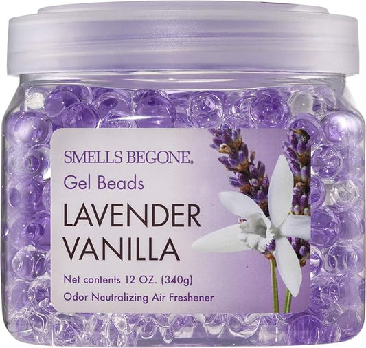 SMELLS BEGONE Odor Eliminator Gel Beads - Air Freshener - Eliminates Odor in Bathrooms, Cars, Boats, RVs & Pet Areas - Made with Essential Oils - Lavender Vanilla Scent - 12 Ounce