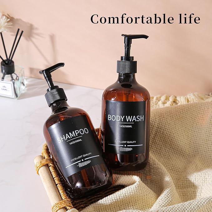 5Pack Amber Shower Bottles Refillable with Labels,16.9oz(500ml) Reusable Shampoo and Conditioner Bottles,Shampoo Dispenser Bottles