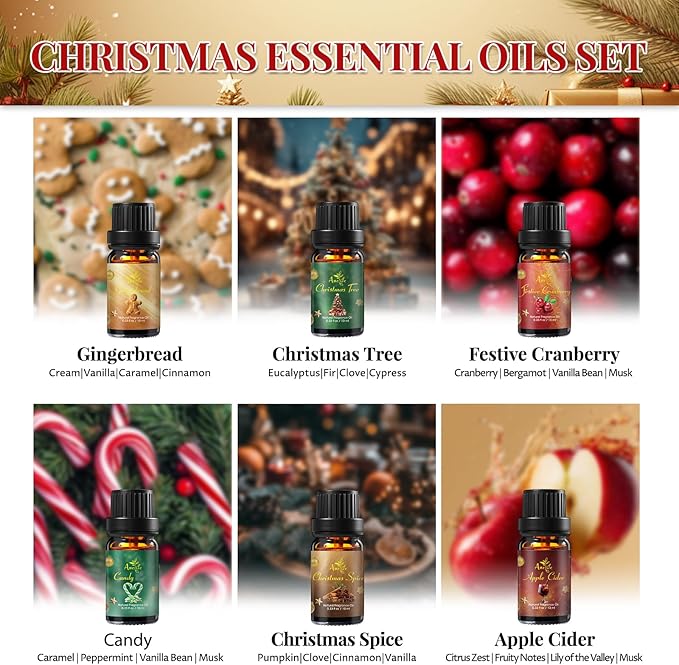 Christmas Essential Oil Set | 6 Pack Holiday Fragrance Oils for Diffuser, Candle Making | Christmas Tree, Spice, Gingerbread, Apple Cider, Candy, Cranberry | Aromatherapy Gift Set for Home & Women