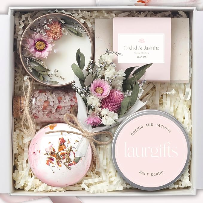 Birthday Gifts for Women – Luxury Bath Sets & Self Care Box – Christmas Gifts for Women – Small Orchid & Jasmine Spa Basket for Mom, Sister, or Friend