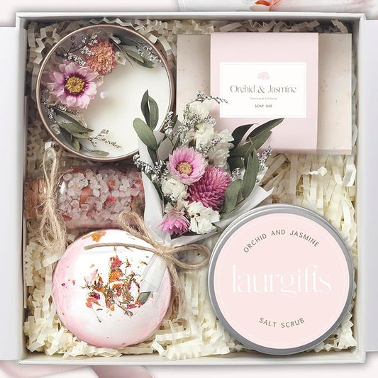 Birthday Gifts for Women – Luxury Bath Sets & Self Care Box – Christmas Gifts for Women – Small Orchid & Jasmine Spa Basket for Mom, Sister, or Friend