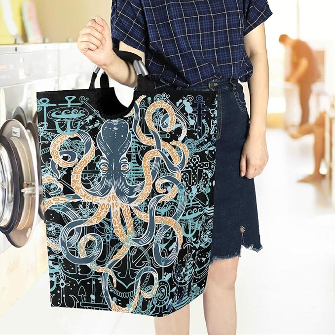 visesunny Vintage Octopus Anchor Large Laundry Bag Collapsible Oxford Fabric Laundry Hamper Foldable Portable Dirty Clothes Laundry Basket with Handles Waterproof Washing Bin Laundry Tote Bag