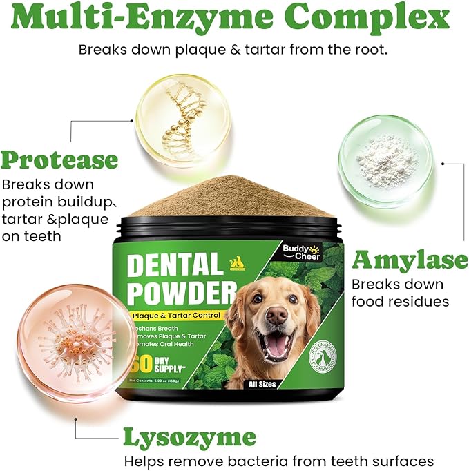 Dog Teeth Cleaning Powder, Dog Dental Powder and Cats Breath Freshener, Plaque Off Pet Tooth Cleaning lab co, Bad Breath & Tartar Remover for Dogs, Dog Teeth Cleaning with Enzymes- 60-Day Supply -Mint