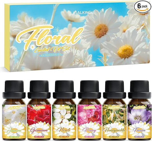 SALKING Essential Oils Gift Set, 100% Pure Fragrance Oil Aromatherapy Essential Oils Set,Premium Scented Oils for Oil Diffusers 6 x 10 ML - Jasmine, Neroli, Honeysuckle, Peony, Geranium, Freesia