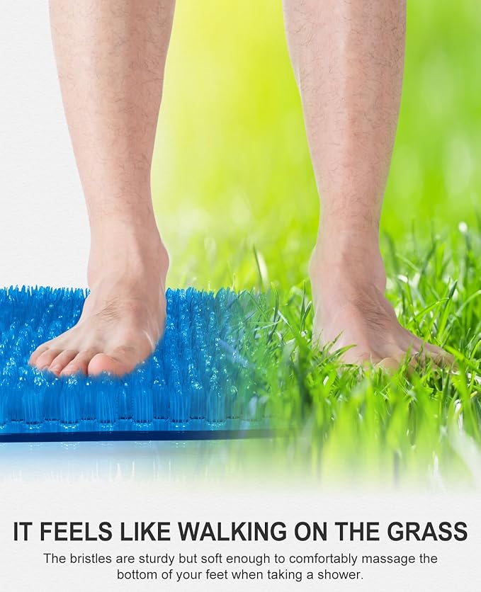 OTHWAY Non Slip Grassy Bathtub Mat : 25.6X13.4 inches Sturdy But Soft Bath Mat_Quick Drain Shower Floor Mat with Soft Bristles for Scrubbing Feet (Dark Blue)