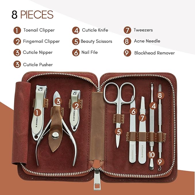 FAMILIFE Manicure Set, Nail Clippers Pedicure Tool, 8 pcs Stainless Steel Manicure Kit Professional Grooming Tool, Nail Kit with Portable Brown Leather Travel Case Luxury Gifts for Men
