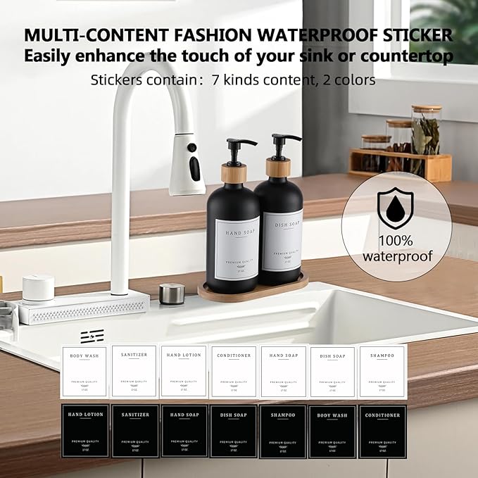 Black Glass Soap Dispenser - Hand Dish Soap Dispenser Set for Kitchen with Sturdy Pump and Tray, 14 Waterproof Labels, Bathroom Refillable Soap Lotion Dispenser-Black