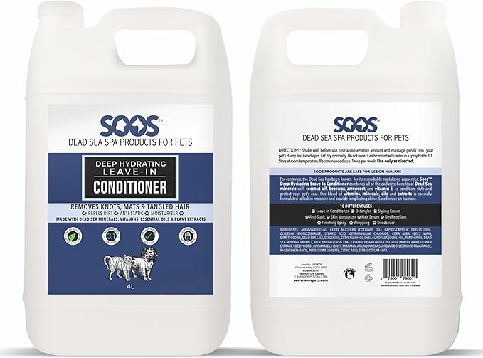 SOOS Pets Deep Hydrating Leave-in Conditioner for Dogs and Cats | Natural Dead Sea Minerals & Vitamins | Skin Moisturizer, Polish Deeply, Enhance Coat Shine & Softness - 4L