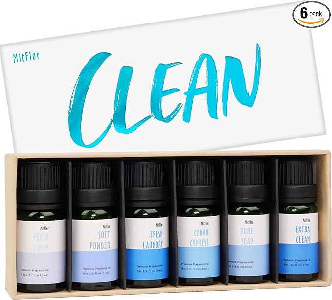 Fragrance Oil Set, MitFlor Clean Essential Oils for Diffusers for Home, 6 x10 ml, Fragrance Oil for Candle Soap Making, Aromatheraphy Oils Gift Set, Fresh Linen, Pure Soap and More Scents