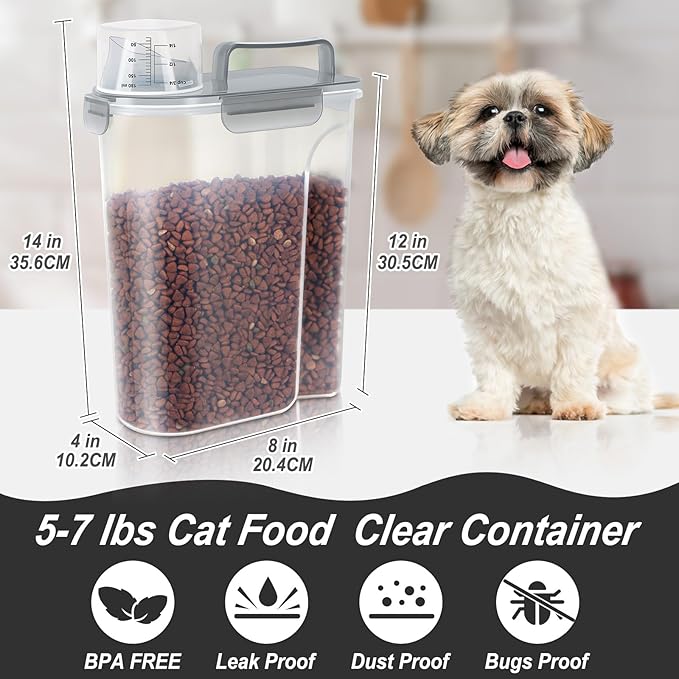 5-7Lbs Cat Dog Storage Container, Portable Pet Food Containers with Upgraded Large Spout and Cup, Small Animal Kibble Dispenser for Bird Seed, Oatmeal, Rice, Flour (1, Clear Gray, 5L)