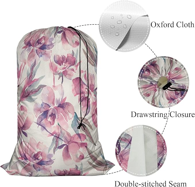 Swono Watercolor Floral Extra Large Laundry Bag with Drawstring Closure 28"x40", Leaf Plant Botanical Petal Bud Ink Flowers for Home, Dorm and Apartment Dwellers, Oxford Cloth, Pink