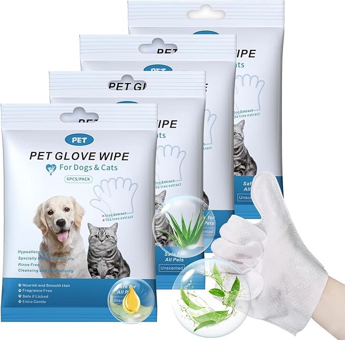 HONGYEE【4 Packs/24 Sheets】Pet Thick Glove Wipes, Disposable Pet Cleaning Wipes, Odorless and Fragrance-Free, Suitable for Daily Care, Cleaning, and Grooming of Dogs and Cats