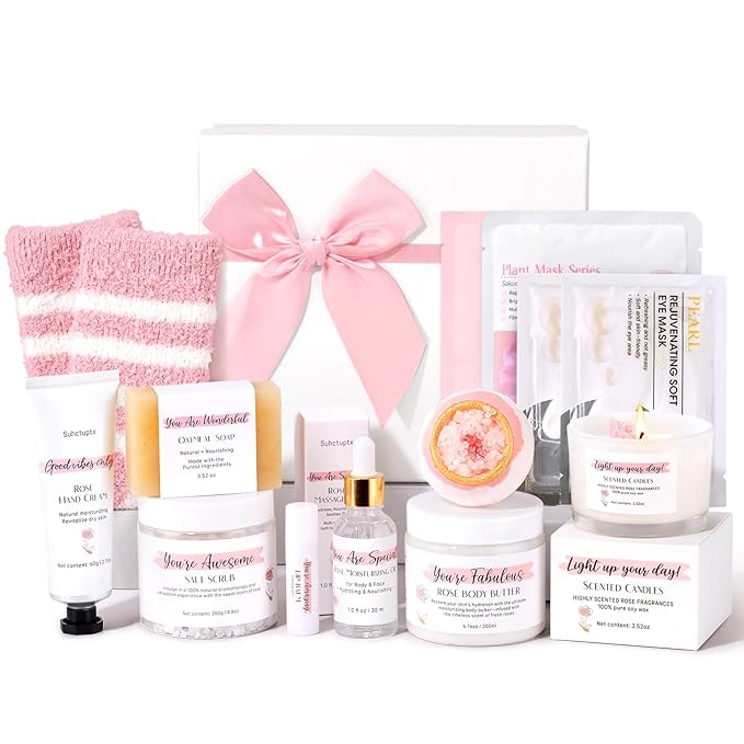 Spa Gifts for Women 13Pcs Mothers Day Gifts Happy Birthday Gift Baskets Christmas Relaxation Home SPA Kit Rose Bath Set Self Care Package Thank You Box for Mom Her Sister Teacher Friends Pink