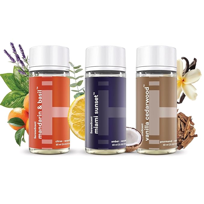 SereneScent Essentials 3-Pack Oils, 60ml Fragrance Oils for Diffusers – Mandarin Basil, Miami Sunset, Vanilla Cedarwood – Natural, Plant-Based, Long-Lasting Aromatherapy Scents by Homedics