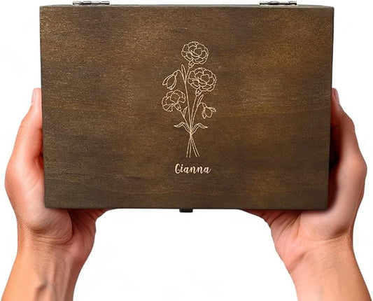 Personalized Birth Flower Memory Box Custom Engraved Wooden Keepsake Chest with Floral Design - Storage Boxes for Jewelry Photos Memento Keepsakes Customized Gifts for Women Birthday Mother's Day