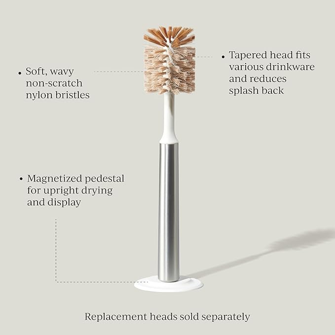 Ionic Bottle Brush, Magnetized to Stand Upright, Stainless Steel with Replaceable Head, Silver