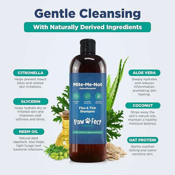 Hypoallergenic Flea and Tick Relief 16.9oz Dog Shampoo for Sensitive Skin Mite Me Not Formula for Itchy and Dry Coats Deep Cleansing and Moisturizing Pet Wash for Dogs and Puppies 500ml