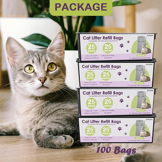 100 Cat Litter Refill Roll Bags Compatible with Litter Genie Easy Roll Pail | Odor-Control & Long-Lasting Refills | 4 Pack (100 Bags Total)