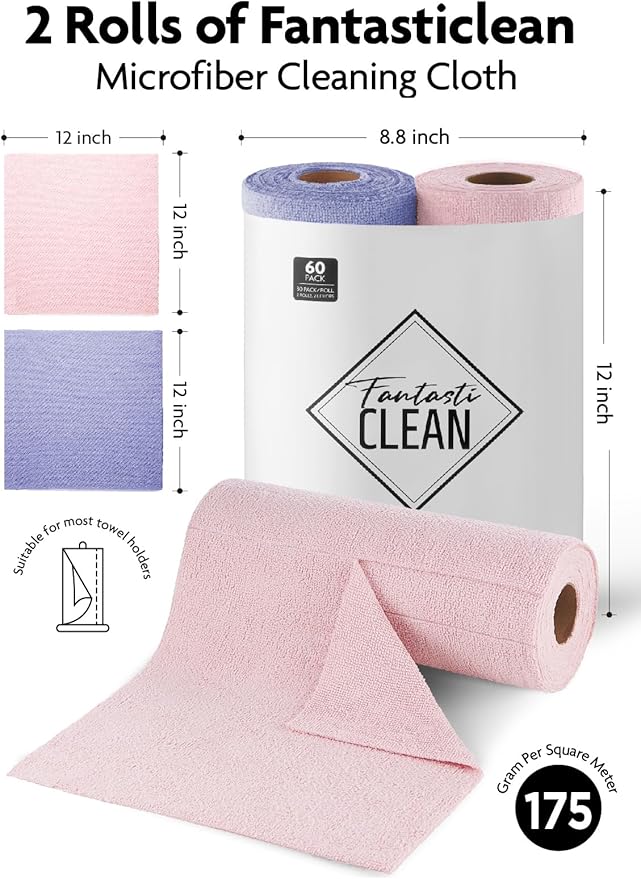 Fantasticlean Microfiber Cleaning Cloth Roll -60 Pack, Tear Away Microfiber Towels, 12" x 12", Reusable, Washable, Scratch Free, Ultra Absorbent Dishcloth for Home Supplies,Car (Pink & Lavender)