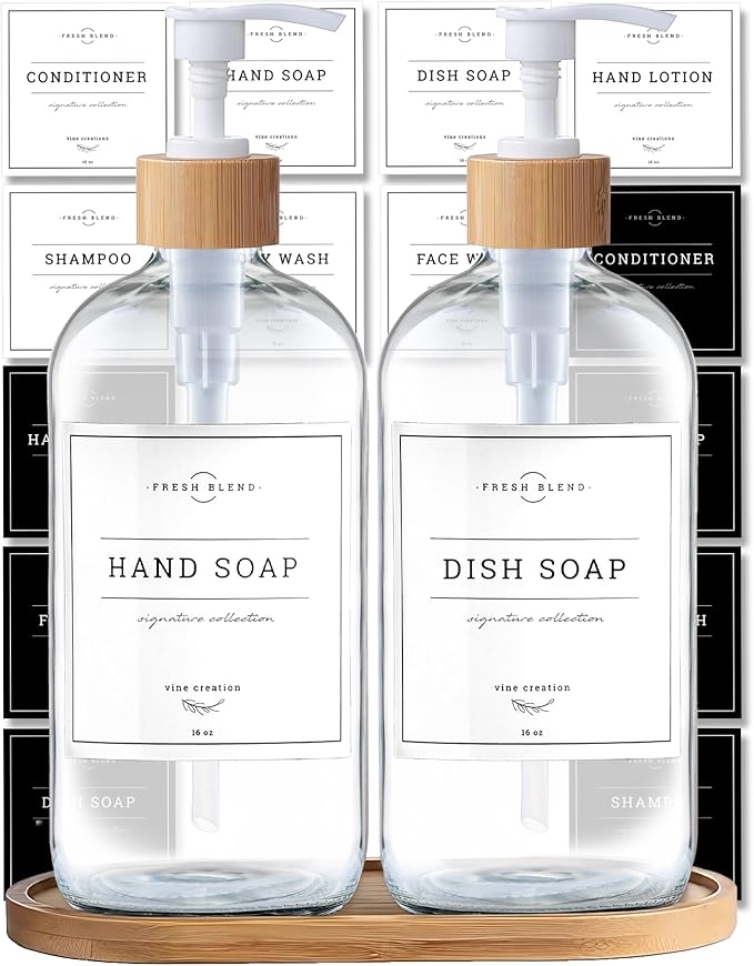 Vine Creations Glass Soap Dispenser Set - Kitchen Soap Dispenser Set with Tray - Bamboo Dish Soap and Hand Soap Dispensers Set for Bathroom - White Kitchen Decor with Waterproof Labels (Clear)