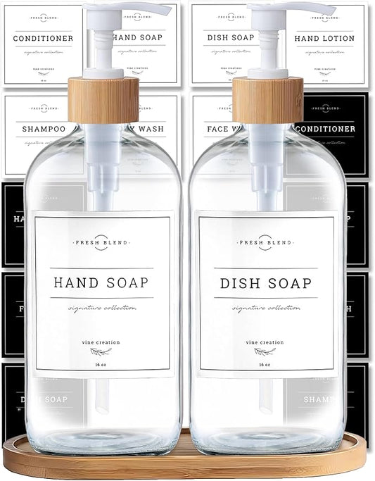 Vine Creations Glass Soap Dispenser Set - Kitchen Soap Dispenser Set with Tray - Bamboo Dish Soap and Hand Soap Dispensers Set for Bathroom - White Kitchen Decor with Waterproof Labels (Clear)