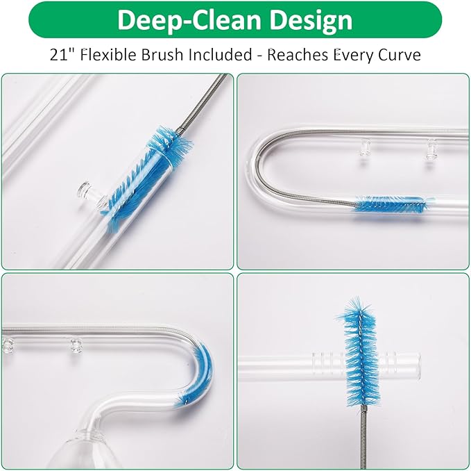 17mm Aquarium Glass Lily Pipe with Inflow, Outflow and Brush & 6 Suction Cups for 5/8" ID (16/22mm) Tubing