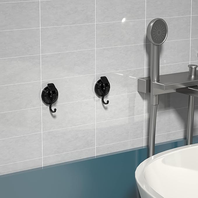 Heavy Duty Vacuum Suction Cup Hooks, Matte Black Plated Polished Super Suction for Kitchen Bathroom, 2 Pack