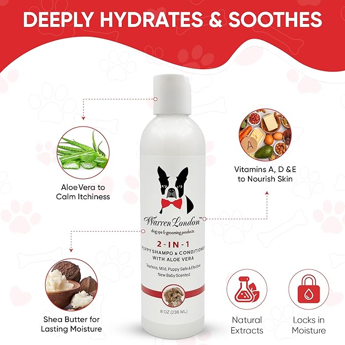 Warren London Puppy Gift Box - Complete Puppy Care Set - Includes Hydrating Butter, 2-in-1 Shampoo, Cologne, Grooming Bath Brush, Ear Cleaner and Nail File for New Pet Owners