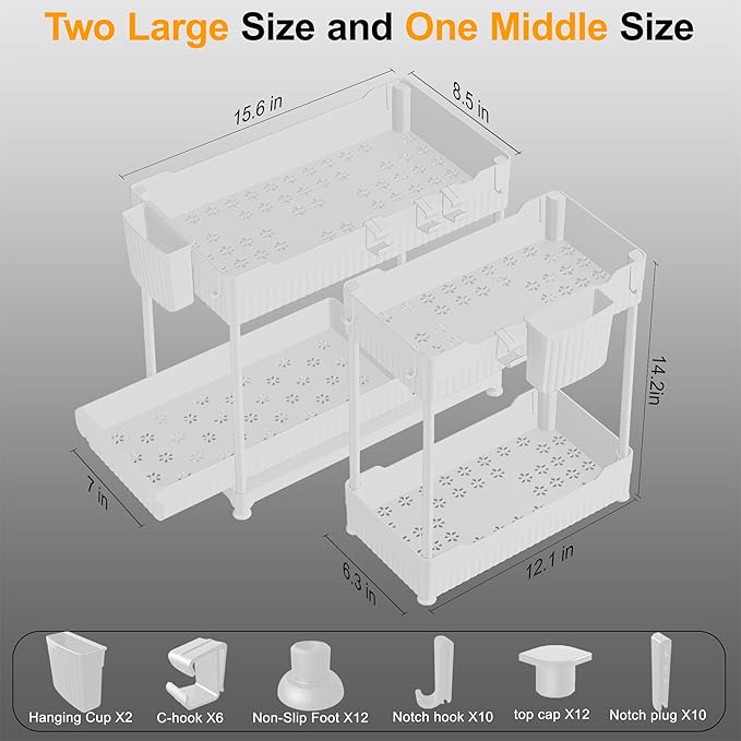 3 Pack Under Sink Organizers, 2-Tier Multi-Use Kitchen and Bathroom Organizers and Storage with Sliding Drawers，Bathroom Cabinet Organizer (White, 12.8 Inch)