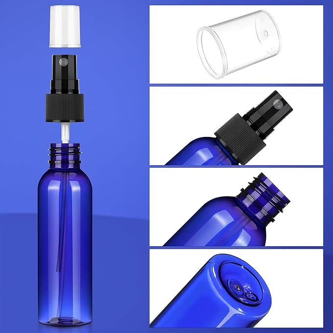 100 Pack 2 Oz Plastic Mini Spray Bottles with Refillable Mist Sprayer for Travel and Household Use for Perfume Essential Oils Cleaning(Blue)