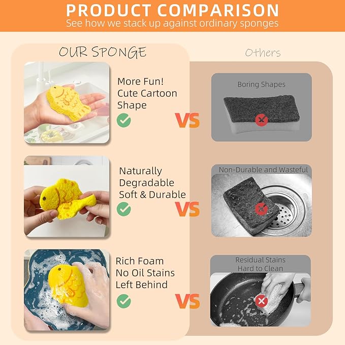 3 Pcs Cute Compressed Wood Pulp Cotton Sponges, Fish Animal-Shaped Reusable and Highly Absorbent for Dishwashing, Kitchen Surfaces, and Bathroom Cleaning