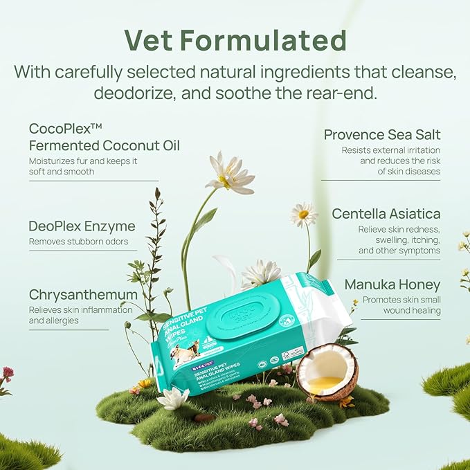 HICC PET Wipes for Dogs & Cats, Vet Recommended Cleaning Deodorizing & Soothing Allergy Infections Anal Gland Wipes, Hypoallergenic Hydrating & Nourish Fur Dog Grooming Wipes for Paw, Butt, Body